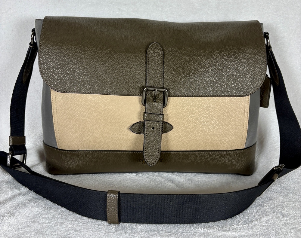 Coach Hudson Messenger Bag Colorblock in Olive Green, Cream and Grey Leather
